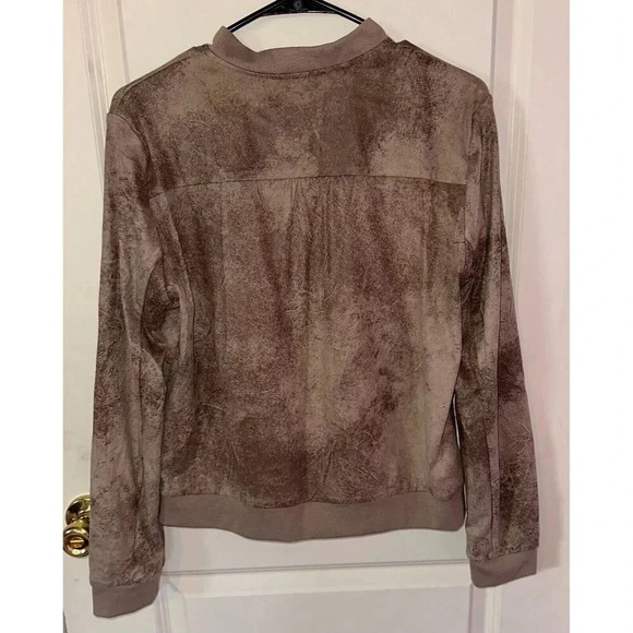 BNCI by Blanc Noir Women's Distressed Faux Suede Jacket Varsity Brown Zip Sz L - Picture 2 of 6